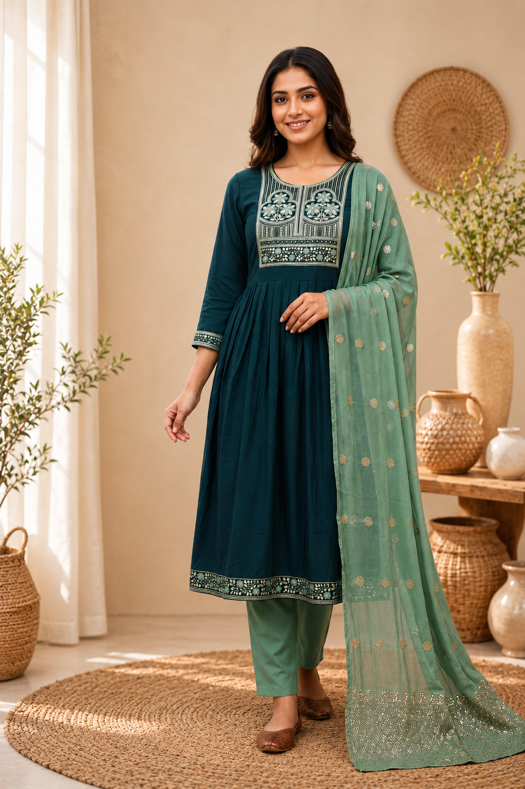 Riya Teal Blue Roman Silk Embroidered Kurta Set with Mint Green Dupatta