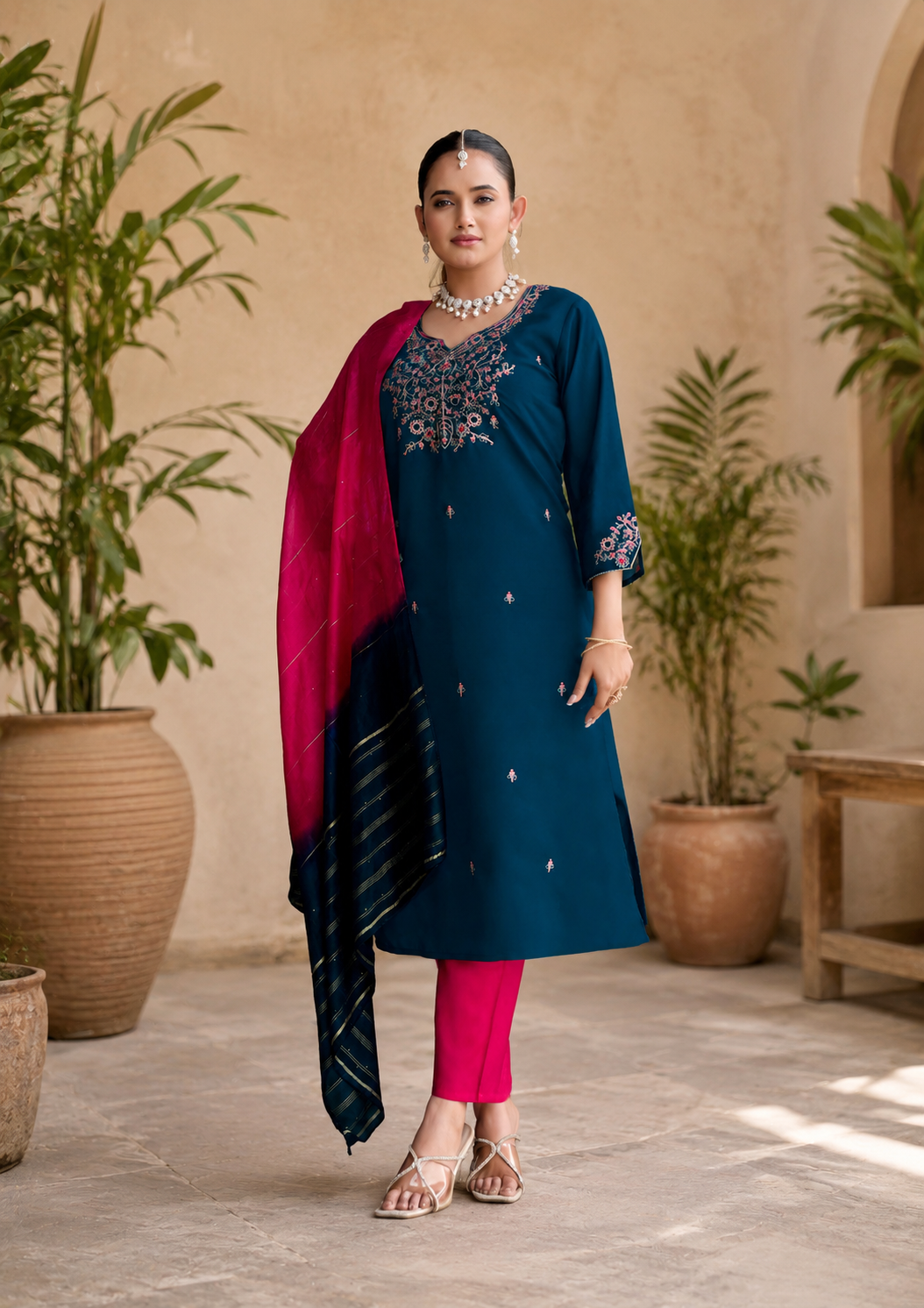 Mystic Navy Blue Roman Silk Embroidered Kurta Set with Pink Dupatta