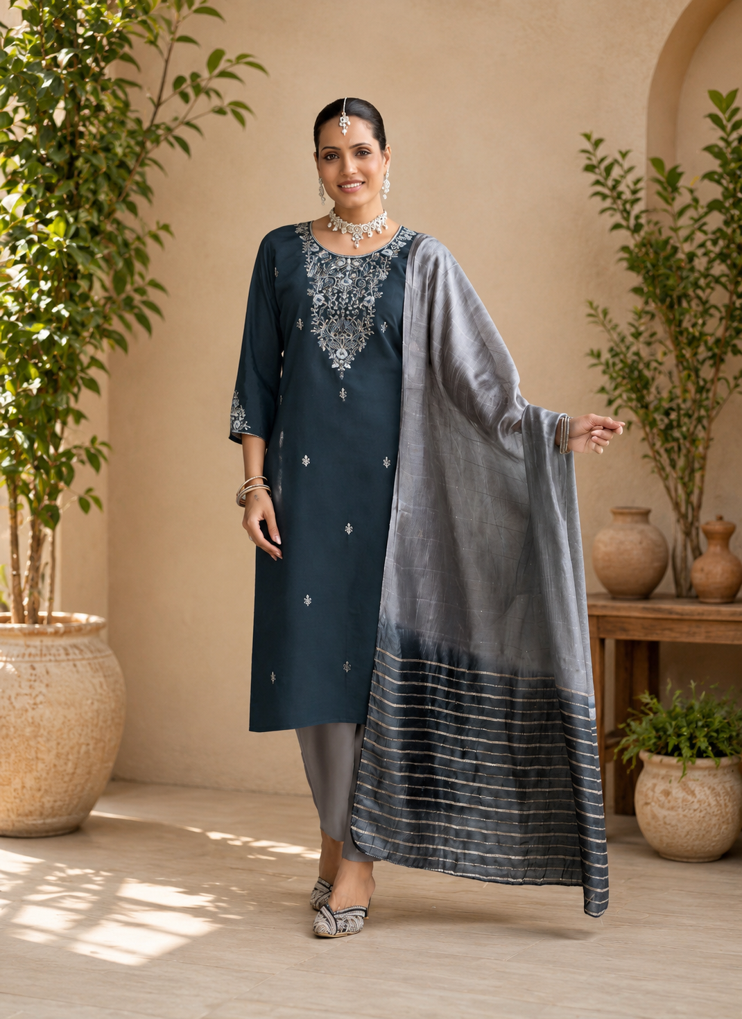 Mystic Navy Blue Roman Silk Embroidered Kurta Set with Grey Dupatta