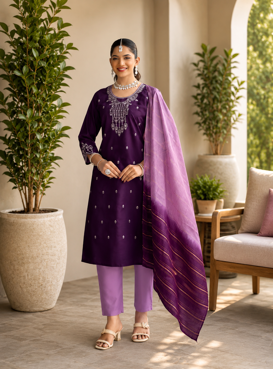 Mystic Purple Roman Silk Embroidered Kurta Set with Lavender Dupatta