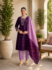 Mystic Purple Roman Silk Embroidered Kurta Set with Lavender Dupatta