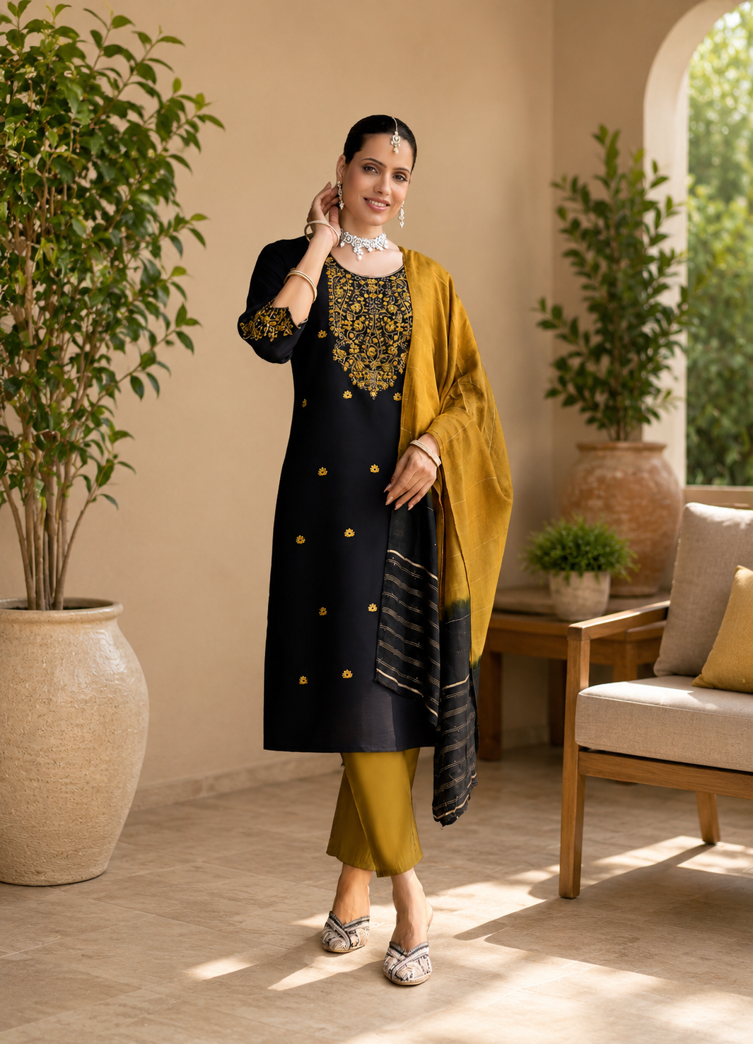 Mystic Black Roman Silk Embroidered Kurta Set with Mustard Dupatta