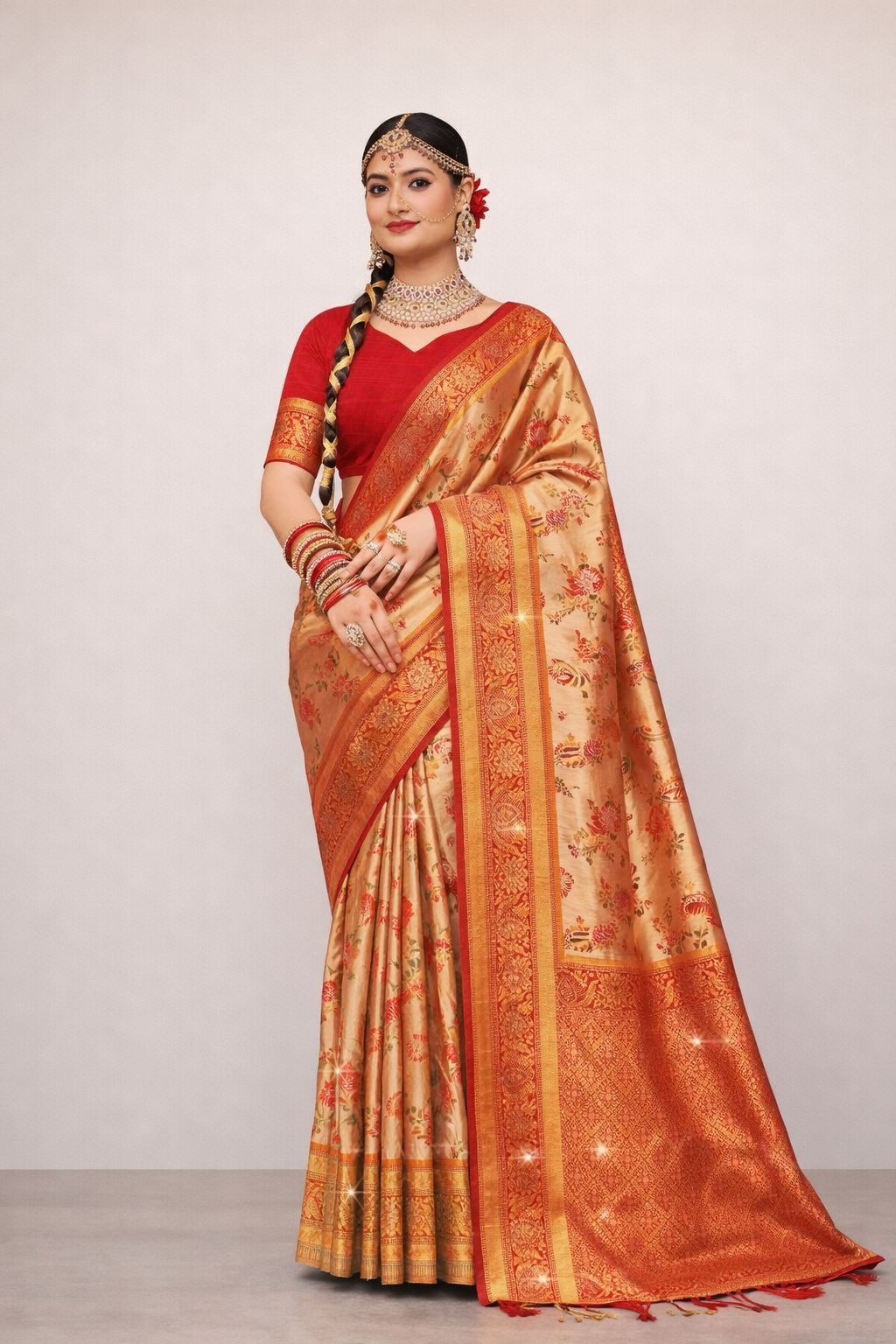Cream & Crimson Banarasi Katan Silk Saree