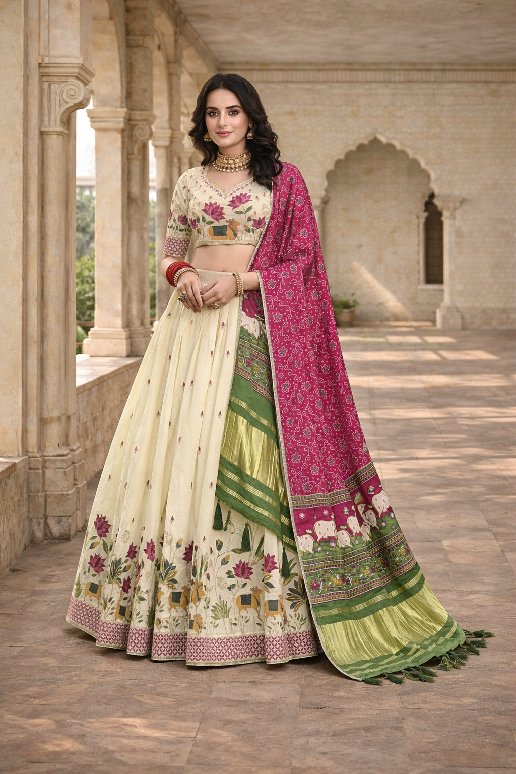 Cream Khadi Cotton Sequin Work Festival Wear Lehenga Choli