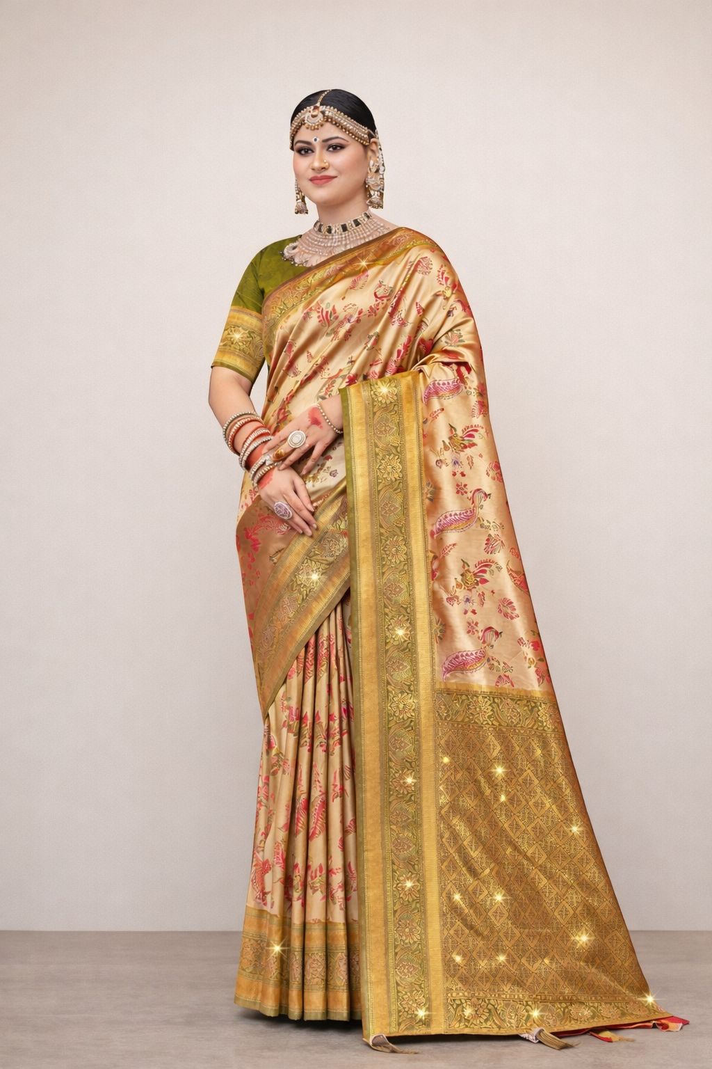 Cream & Oilve Green In Banarasi Katan Silk Saree