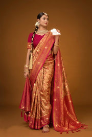 Cream & Red Banarasi Katan Silk Saree