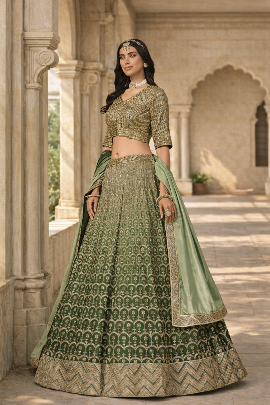 Dark Green Chinon Silk Sequin Work Lehenga Choli