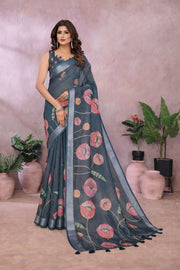 Dark Green Linen Saree With Floral Print