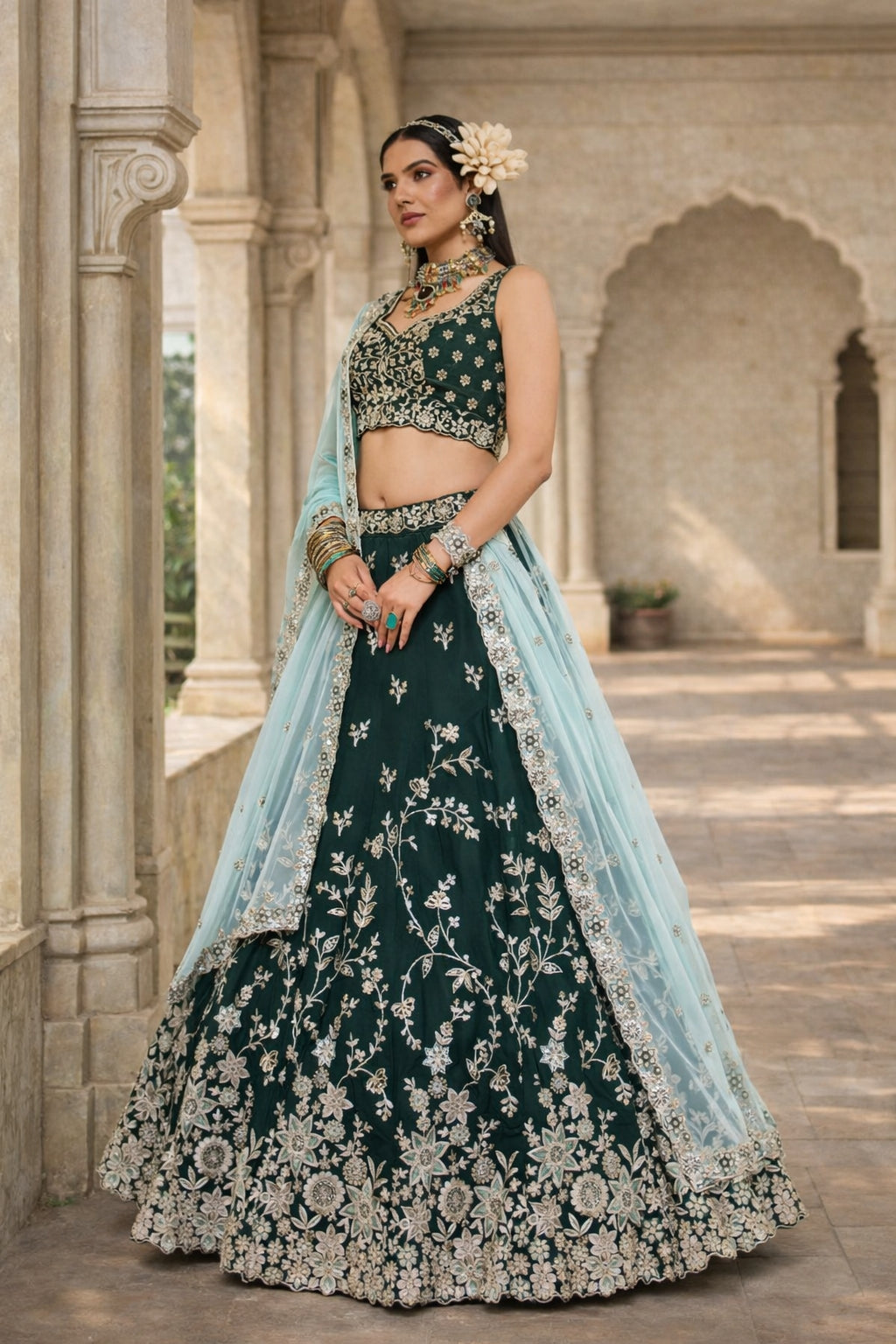 Dark Green Organza Sequin Work Wedding Wear Lehenga Choli