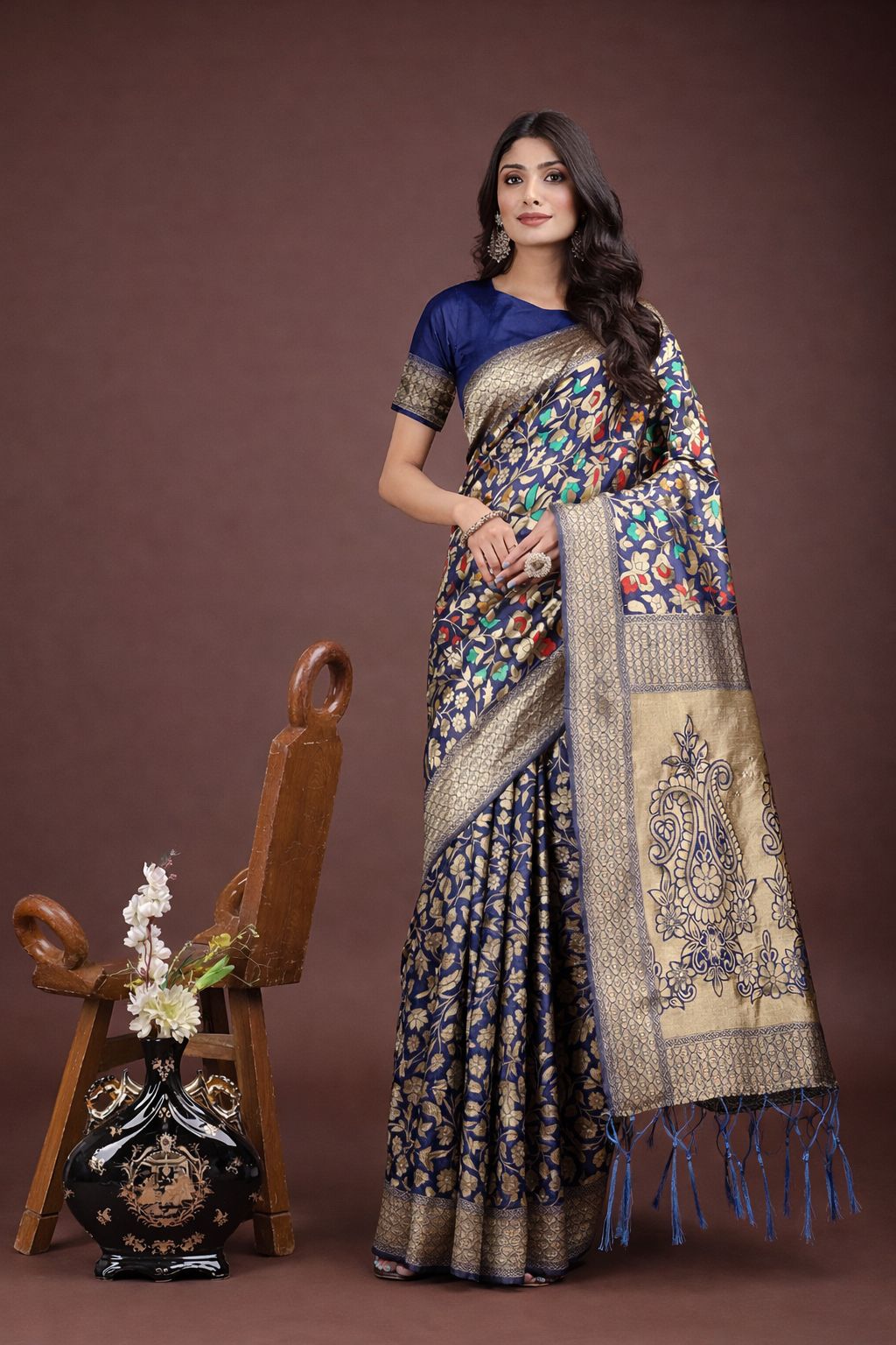 Deep Blue Kashmiri Traditional Wear Lichi Silk Saree