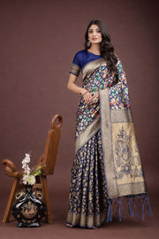 Deep Blue Kashmiri Traditional Wear Lichi Silk Saree