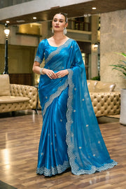 Deep Blue Shimmer Chiffon Saree