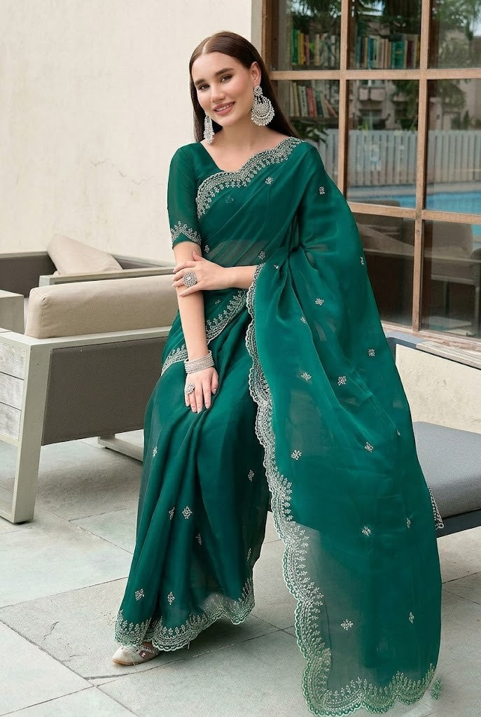 Deep Green Shimmer Chiffon Saree