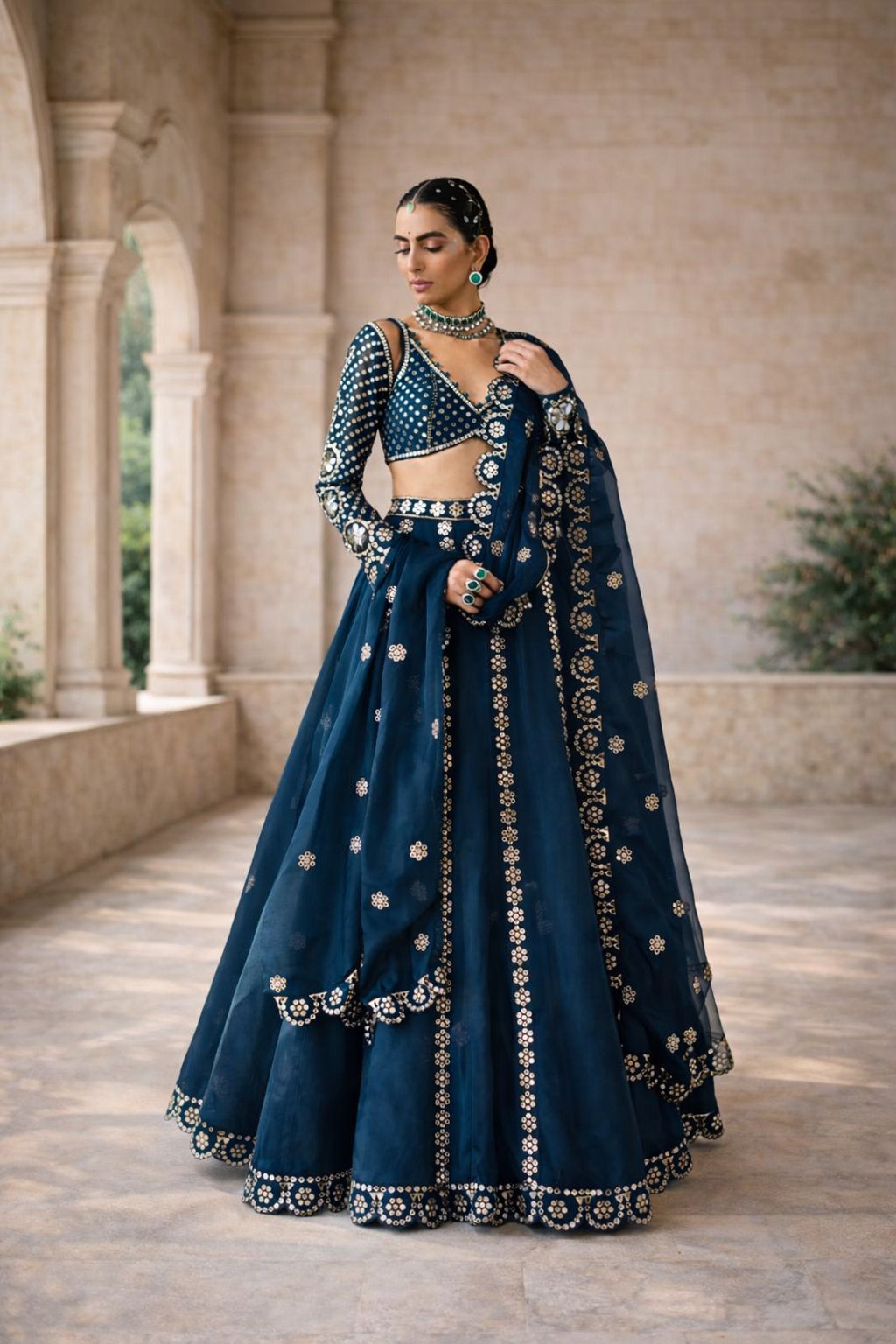 Deep Teal Blue Embroidered Designer Lehenga Set