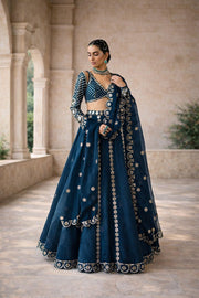 Deep Teal Blue Embroidered Designer Lehenga Set