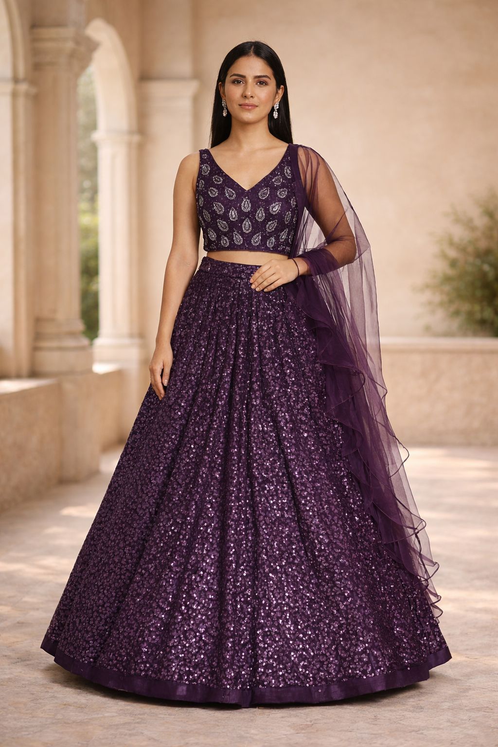 Deep Wine Purple Sequin Embroidered Party Wear Lehenga Set
