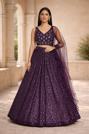 Deep Wine Purple Sequin Embroidered Party Wear Lehenga Set