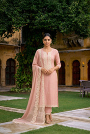 Dusty Rose Embroidered Straight Kurta Set with Dupatta