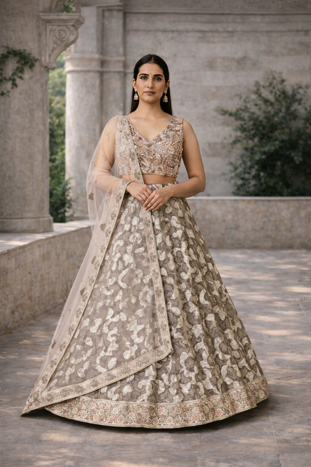Dusty Taupe Embroidered Designer Wedding Lehenga Set
