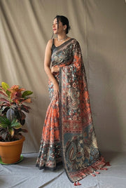 Elegant Rust & Black Kalamkari Printed Saree