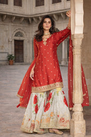 Embroidered Red Kurti With Floral Sharara & Matching Dupatta Set