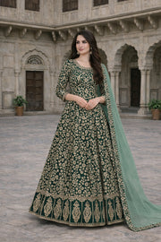 Emerald Green Heavy Embroidered Anarkali Gown with Net Dupatta