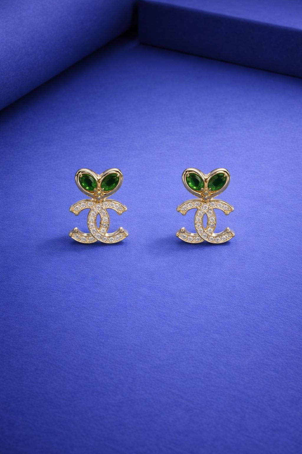 Green Gemstone Double-C Emblem Earrings