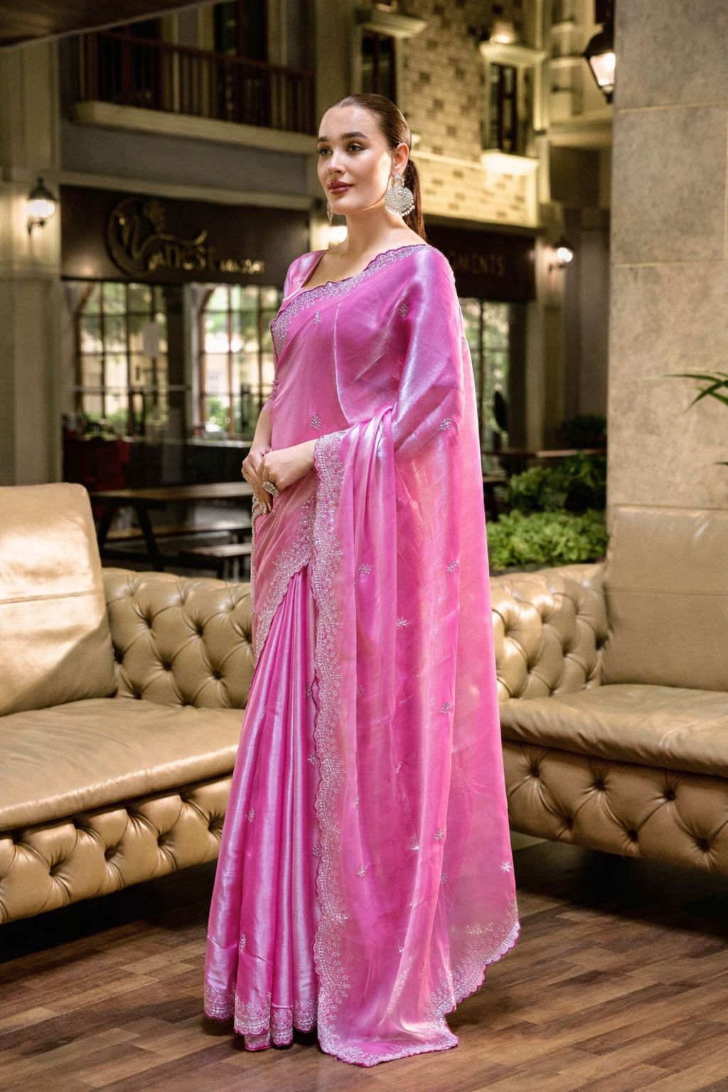 Hot Pink Shimmer Chiffon Saree