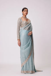 Ice Blue Faux Georgette Embroidered Party Wear Saree