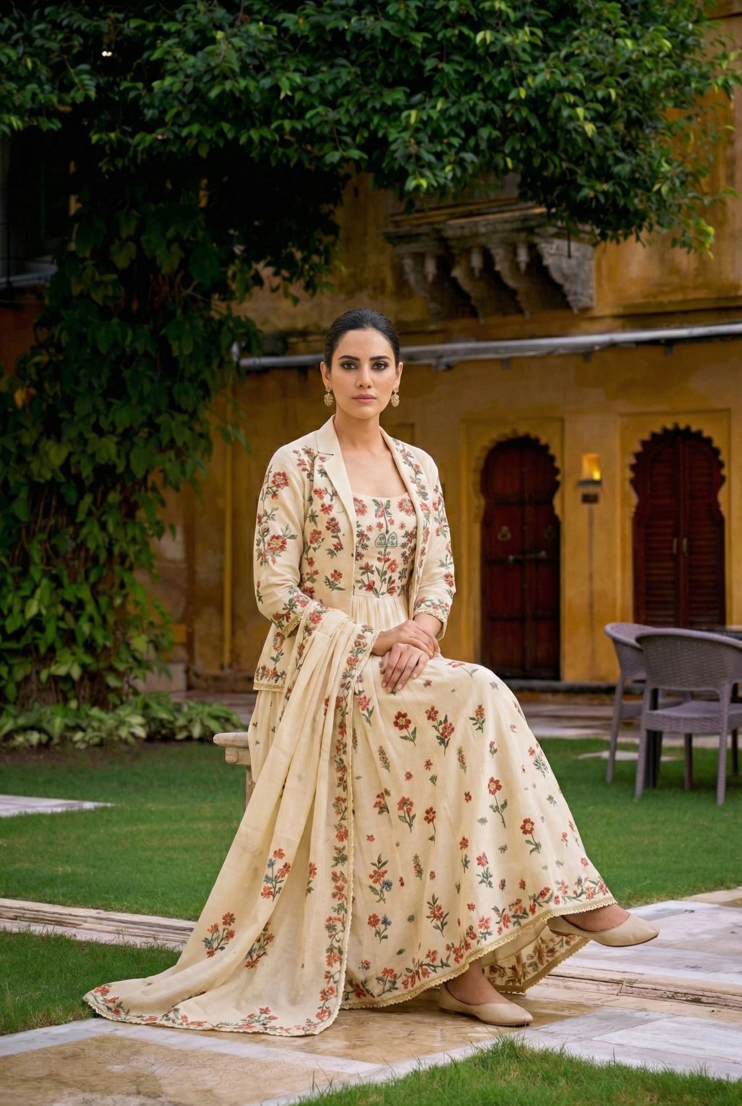 Ivory Floral Printed Jacket Style Anarkali Kurta Set