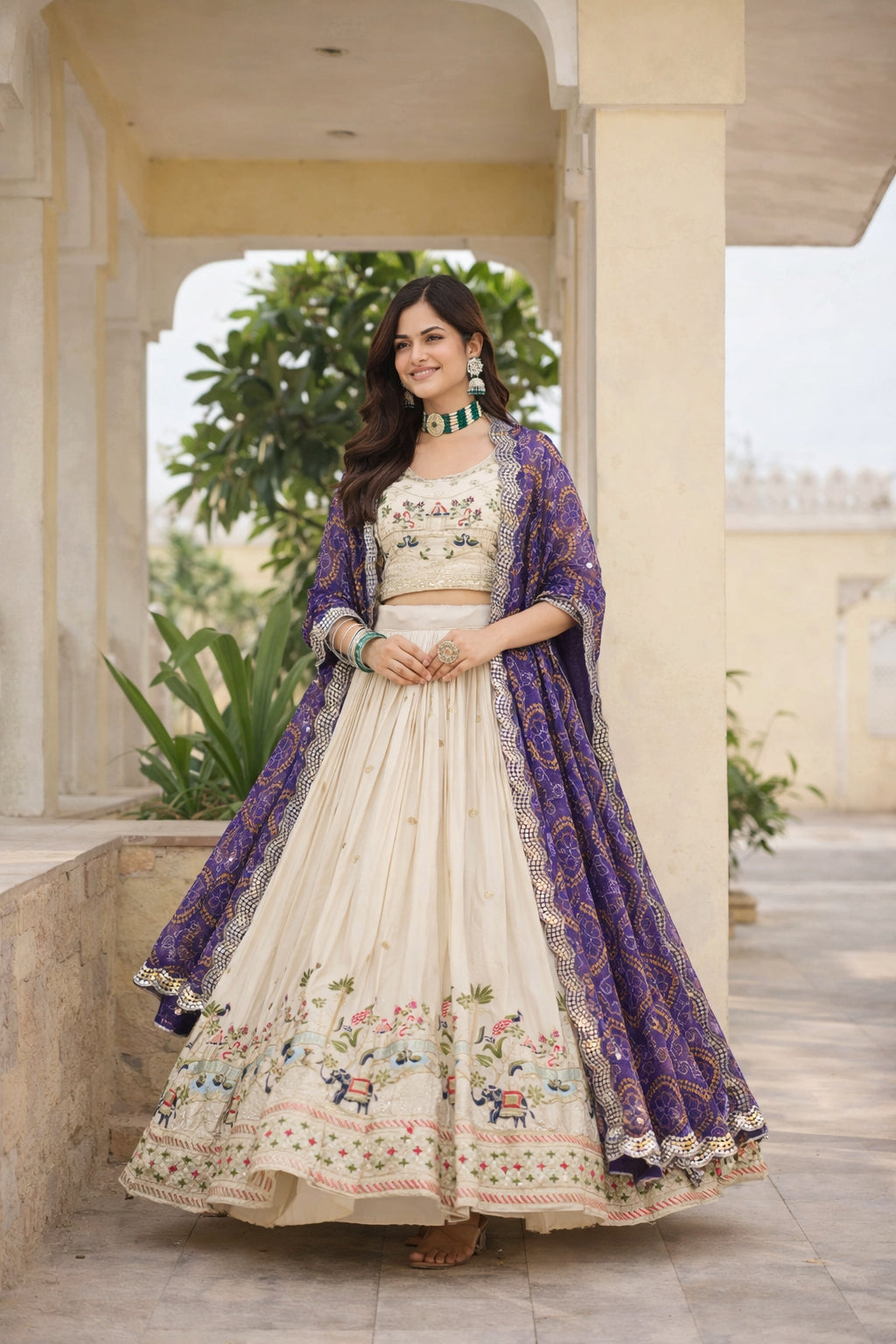 Ivory Embroidered Lehenga with Purple Bandhani Dupatta