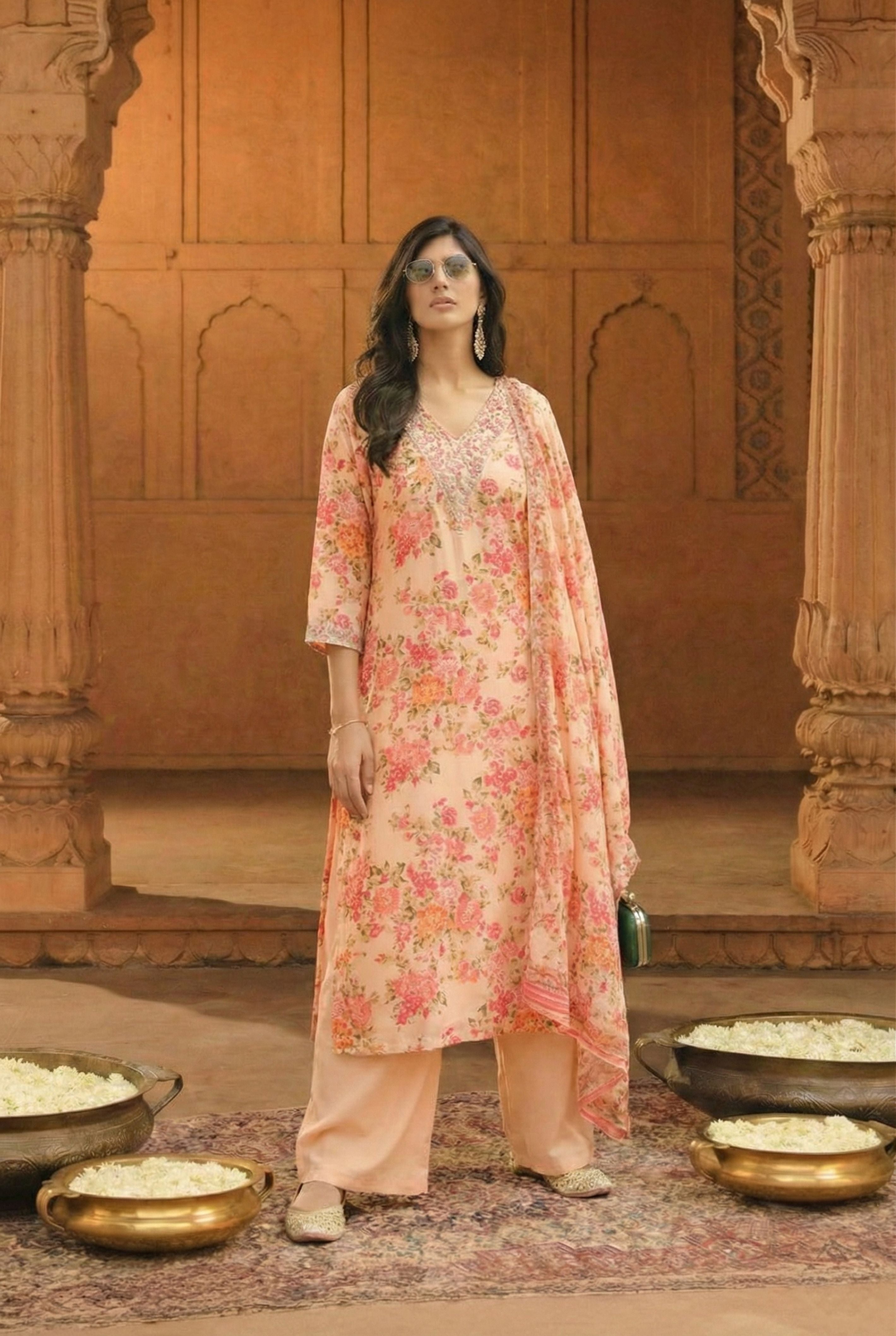 Ivory Floral Embroidered Kurta Set with Printed Dupatta