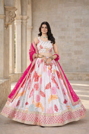 Ivory Floral Printed Lehenga Set with Pink Dupatta