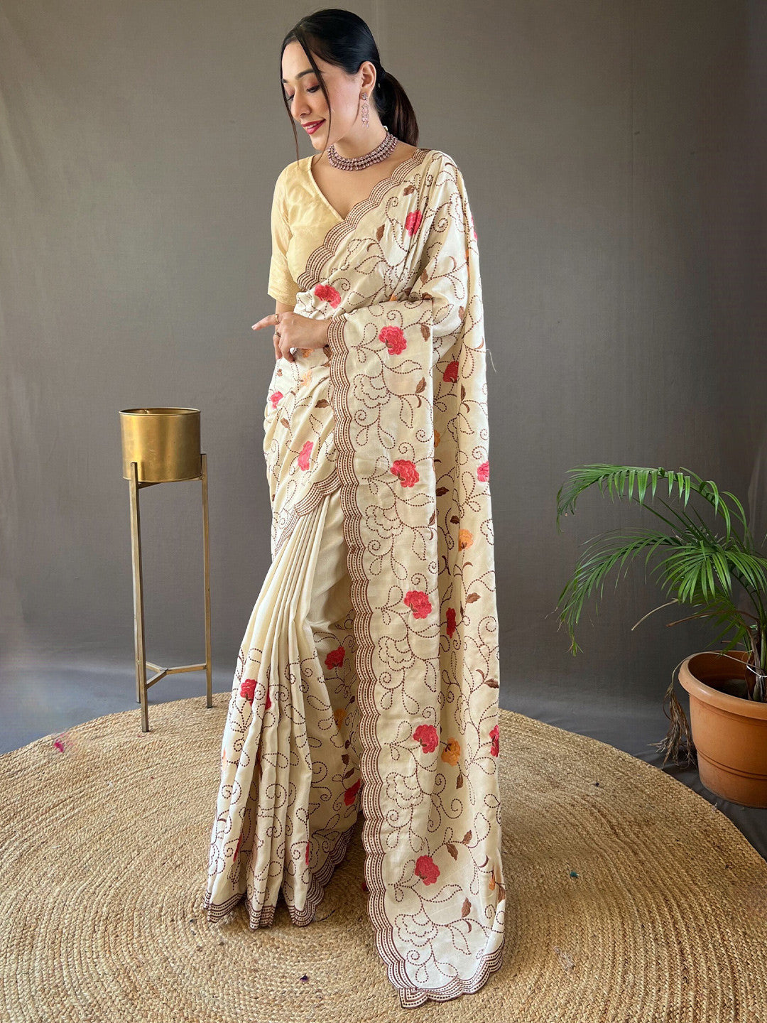 Ivory Floral Swirl Embroidered Tussar Silk Saree