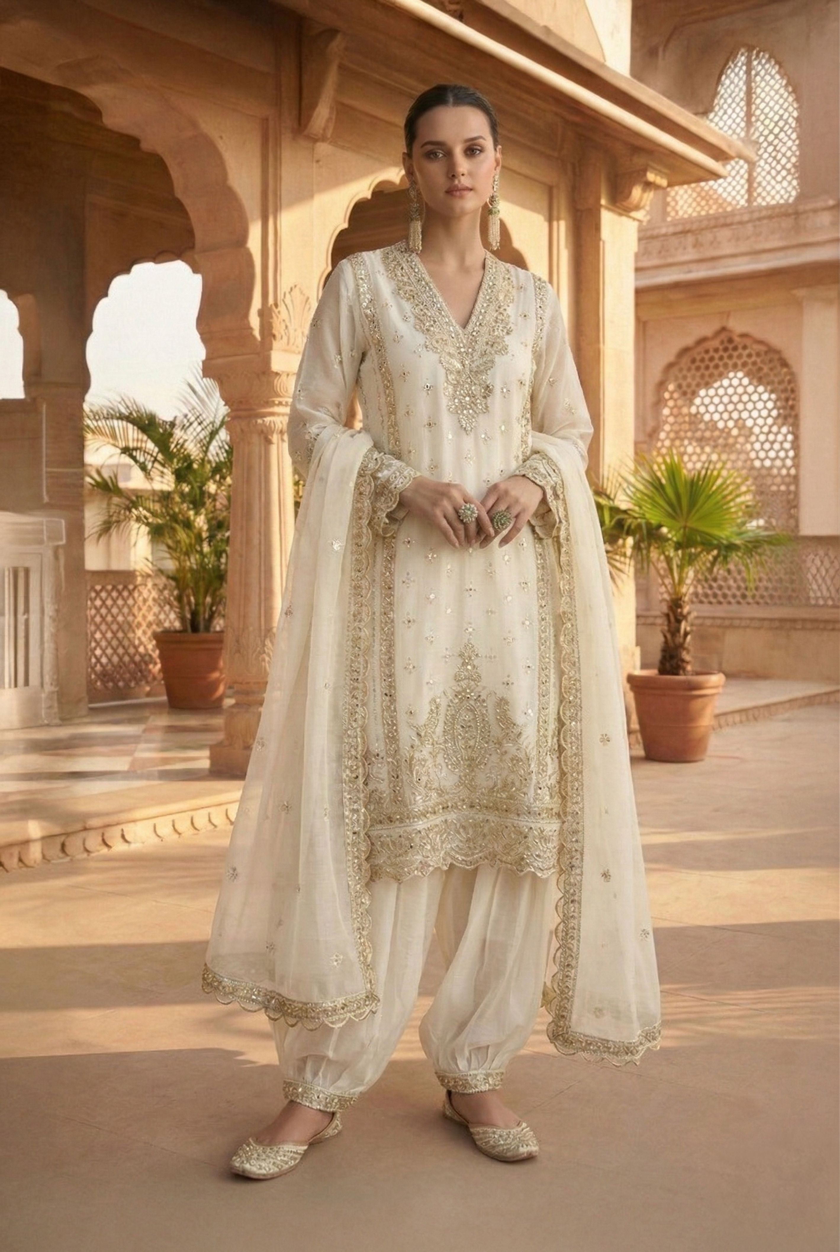 Ivory Gold Heavy Embroidered Organza Suit Set with Dupatta