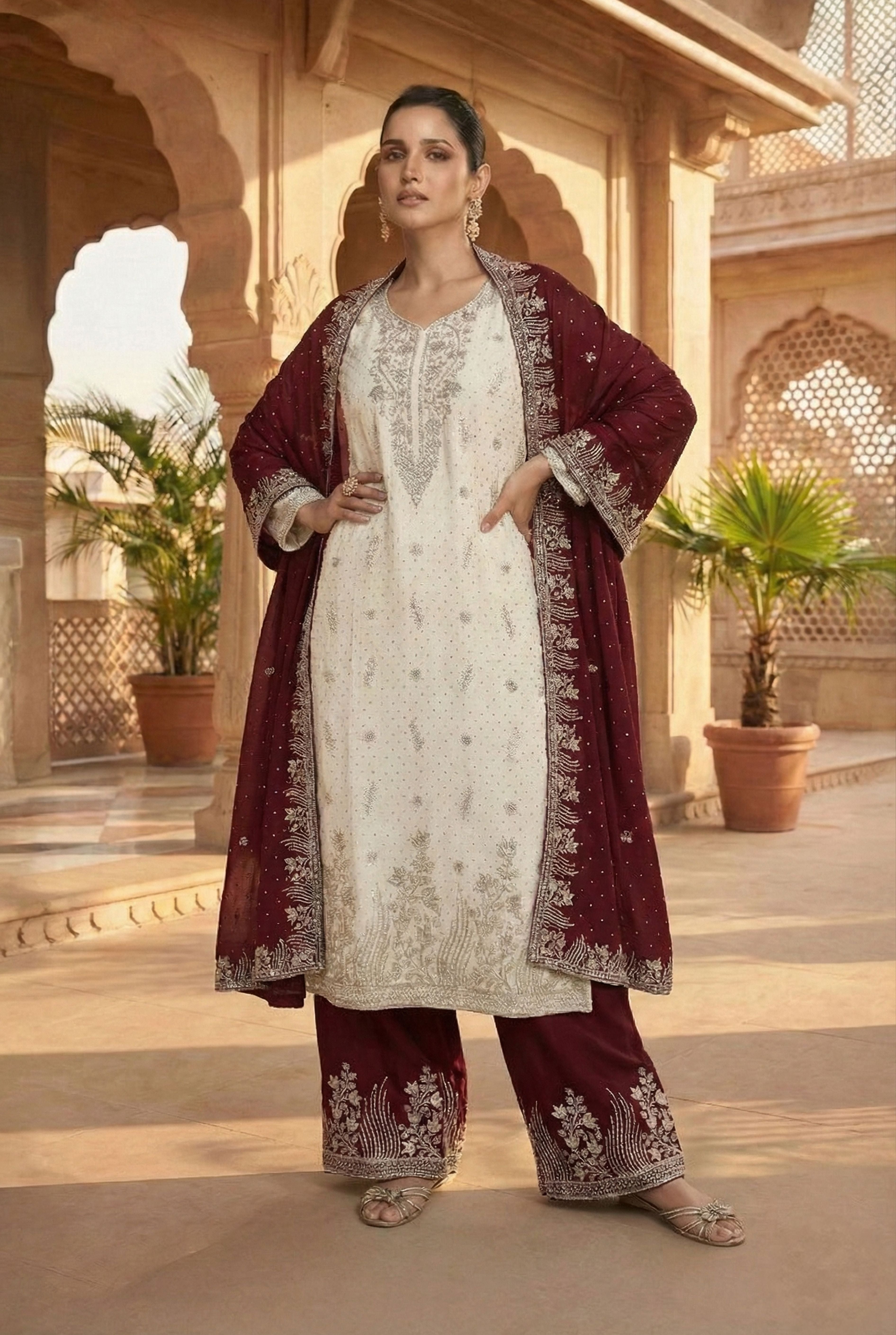 Ivory & Maroon Heavy Embroidered Kurta Set with Dupatta