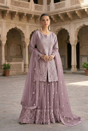 Lavender Embroidered Net Sharara Set With Jacket-Style Kurti & Dupatta