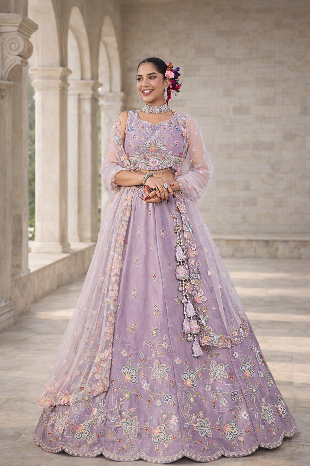 Lavender Pastel Floral Embroidered Designer Lehenga with Net Sleeves Blouse