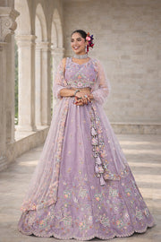 Lavender Pastel Floral Embroidered Designer Lehenga with Net Sleeves Blouse
