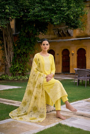 Lemon Yellow Embroidered Straight Kurta Set with Dupatta