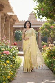 Lemon Yellow Silk Saree With Golden Zari Border & Blouse Piece