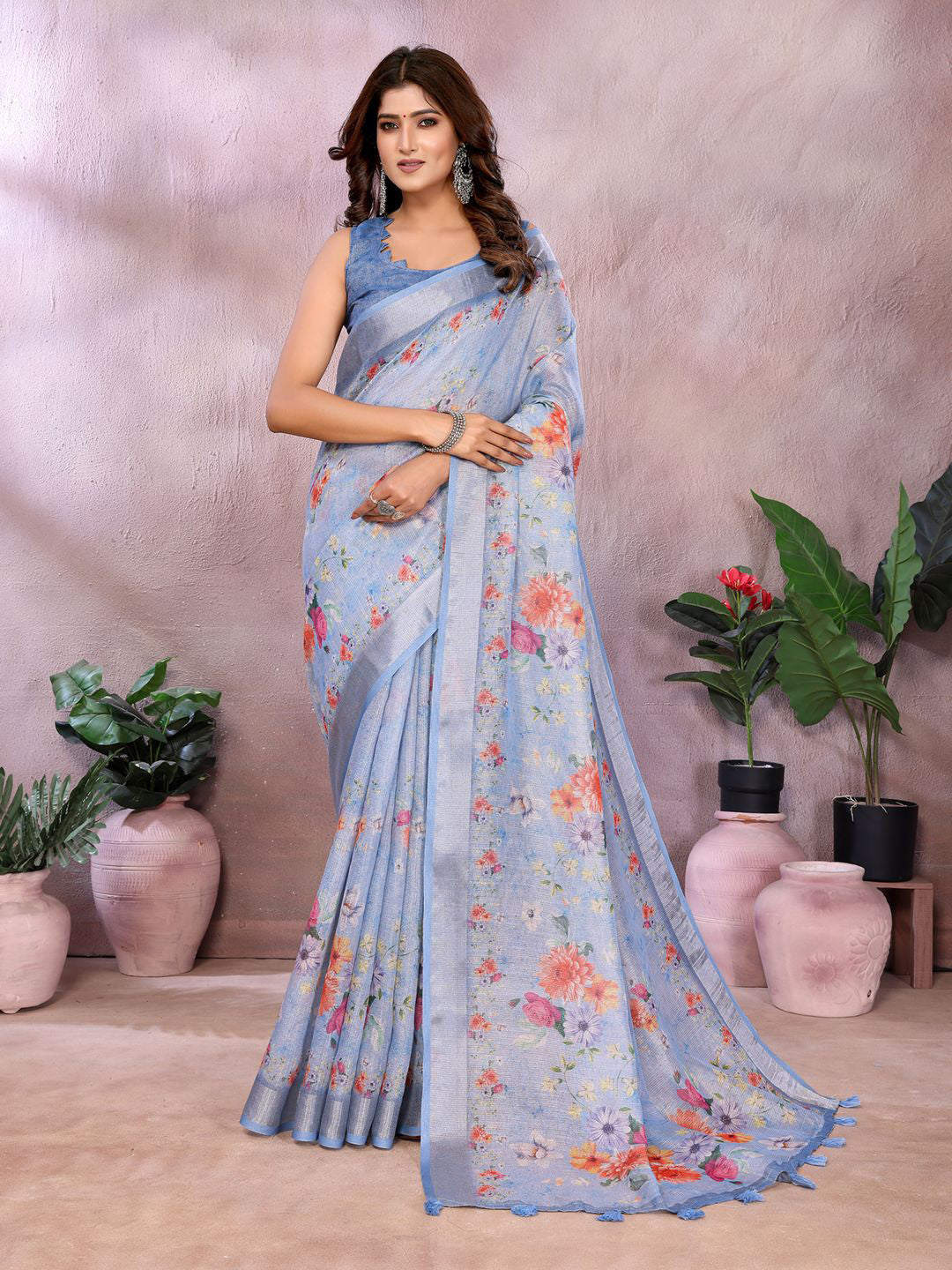 Light Blue Linen Saree With Floral Print