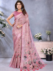 Light Pink Linen Saree With Floral Print