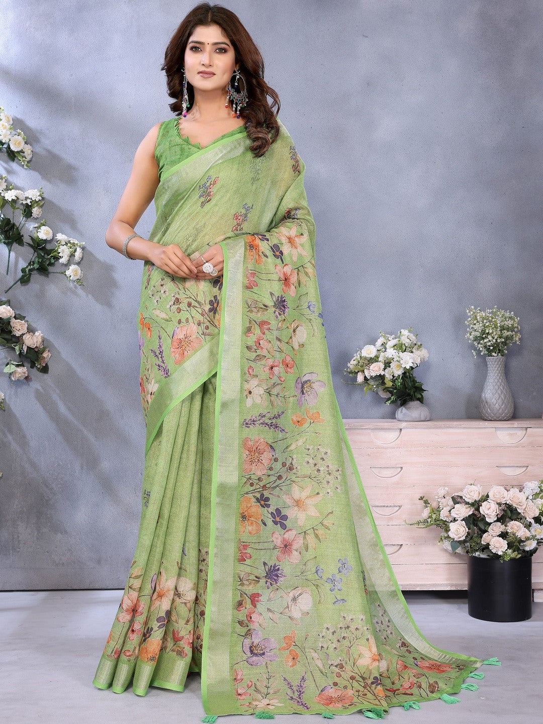 Lime Green Linen Saree With Floral Print