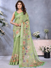 Lime Green Linen Saree With Floral Print