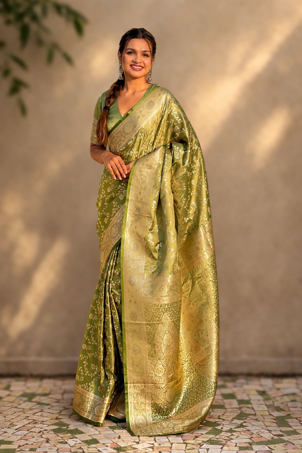 Lime Green Soft Banarasi Silk Saree