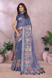 Magestic Blue Linen Saree With Floral Print