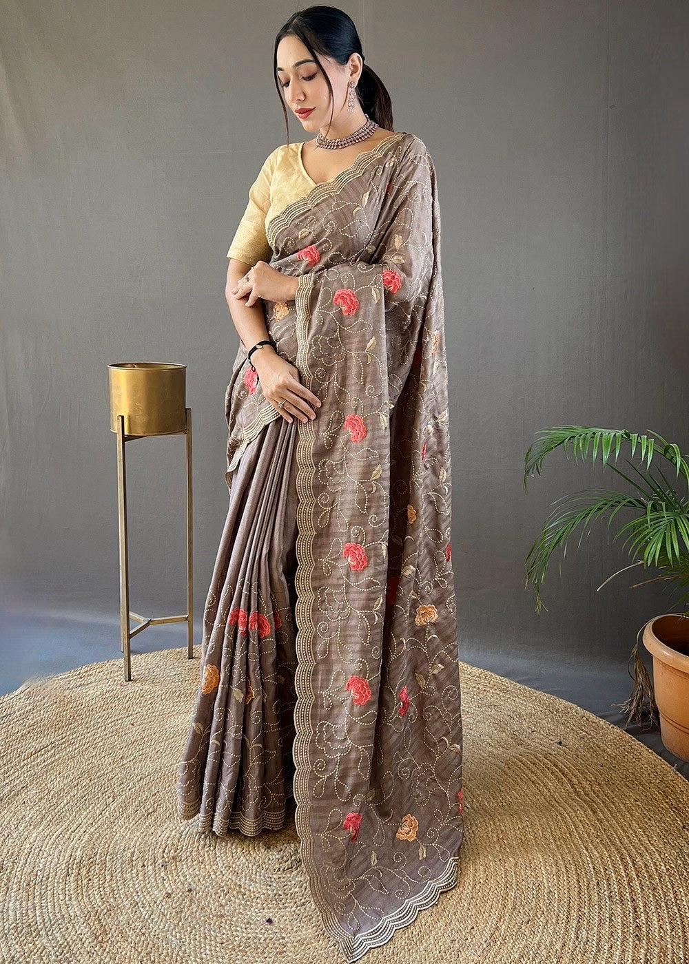 Mushroom BrownFloral Swirl Embroidered Tussar Silk Saree