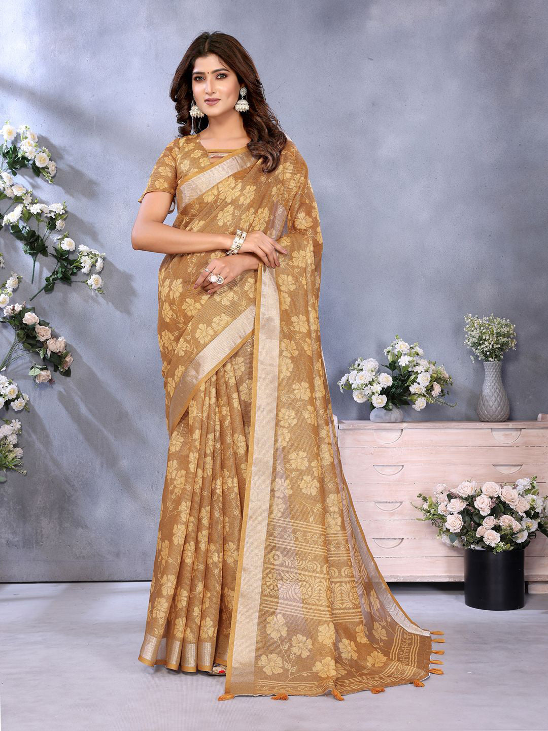 Mustard Yellow Linen Saree With Floral Print