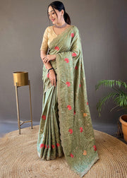 Muted Green Floral Swirl Embroidered Tussar Silk Saree
